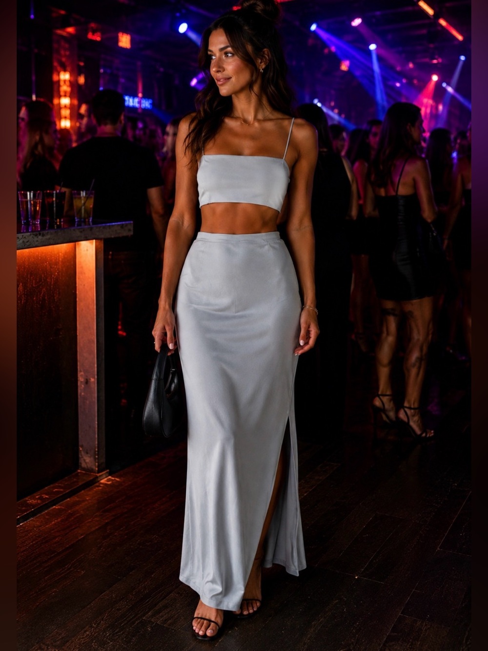 House of Harlow 1960 Silver Gray Two-Piece Satin Skirt Set
